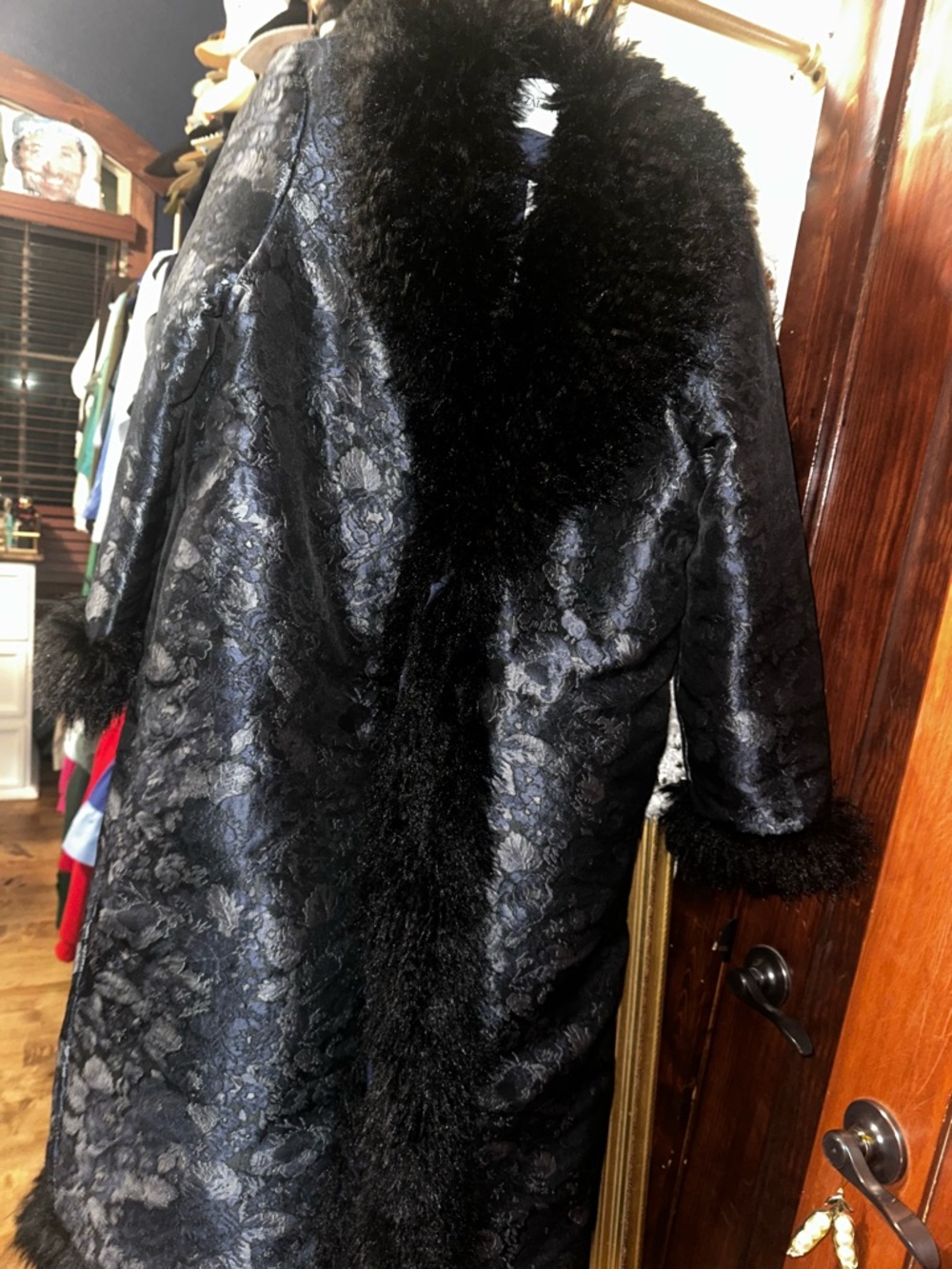 Navy Floral Jacquard Trench Coat with Black Faux Fur Trim - Picture 5 of 9